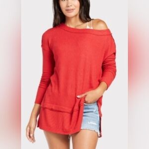 We The Free Vibrant Red Off-Shoulder Sweater